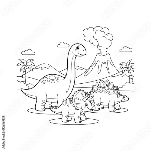 Cute Dinosaur Family with Volcano Landscape Coloring Page for Kids