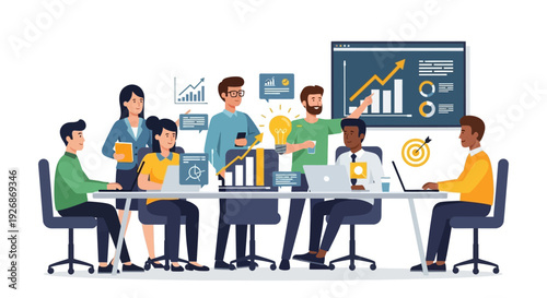 Diverse team collaborating in a modern business meeting.