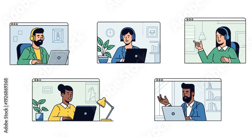 Diverse group of people collaborating online via video calls.