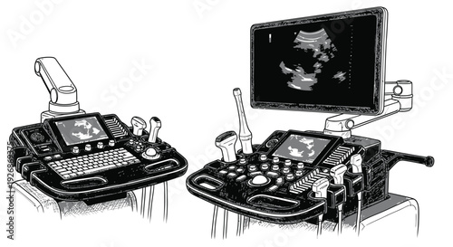 Two ultrasound machines displaying medical images a striking black silhouette
