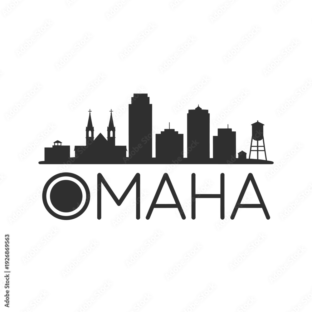 Fototapeta premium Silhouetted skyline of omaha nebraska with city name typography below