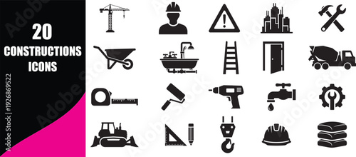 Construction icons set for building industry architecture renovation engineering heavy machinery and home improvement tools for professional contractors design