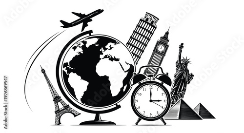 Global landmarks and travel icons in a striking black silhouette