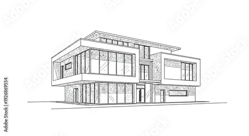 Architectural sketch of a modern house with clean lines black and white silhouette