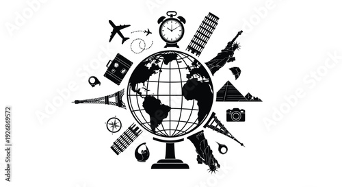 Travel icons surrounding a world globe in a striking black silhouette