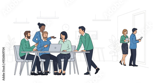 Diverse group of professionals collaborating in a modern office setting.