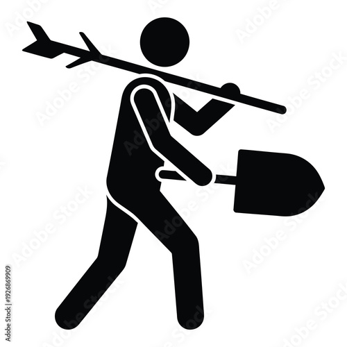 Man carrying shovel and arrow on shoulder for digging and hunting  simple icon icon