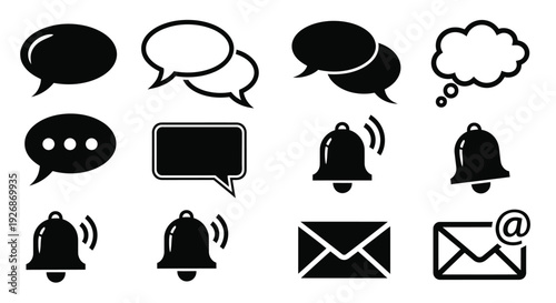 Collection of communication icons including speech bubbles and notification alerts silhouette