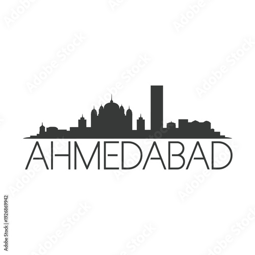 Ahmedabad skyline silhouette with city name in bold typography