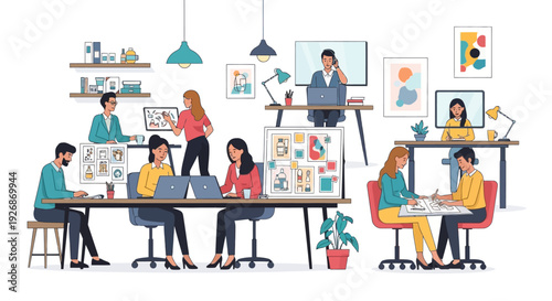 Diverse team collaborating in a modern office environment.