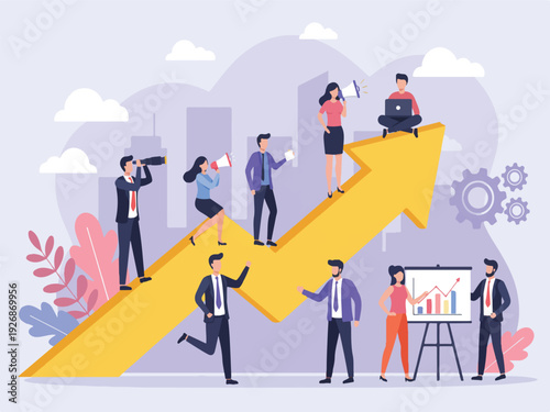 Business people working together on a large yellow arrow pointing upwards in a cityscape with a cloudy sky and various office and industrial elements