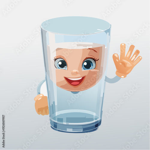 Friendly Cartoon Glass of Milk Waving Hello with a Cheerful Expression, Promoting Healthy Hydration and Refreshment