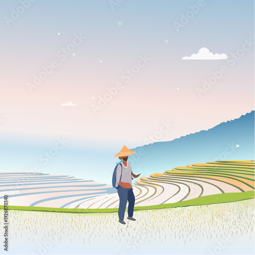 Asian farmer standing in tranquil rice terraces at sunrise overlooking the scenic valley