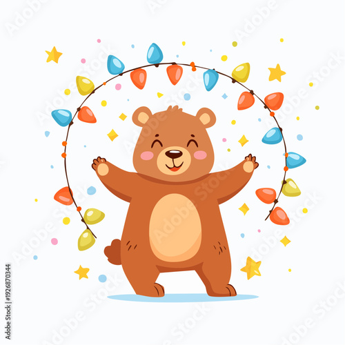 Delightful cartoon bear character cheerfully holding vibrant string lights, embodying festive holiday joy and seasonal celebration