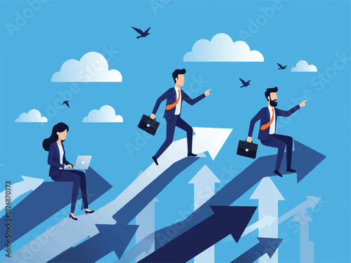 Business professionals navigating upward trend arrows in sky with clouds and birds