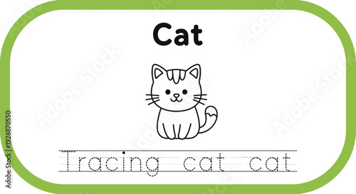 Cat tracing worksheet for kids. Cute cartoon cat illustration.