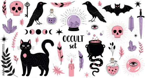 Occult Magic Collection with Black Cat, Skull, Crystal Ball and Mystical Symbols Flat Vector Illustration Set