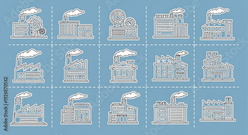 Industrial factory buildings with smoke stacks emitting pollution into the atmosphere, environmental concerns.