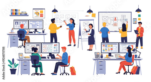 Diverse team collaborating in a modern office environment.