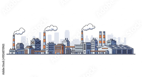 Industrial cityscape illustration depicting factories with smoke stacks and buildings.
