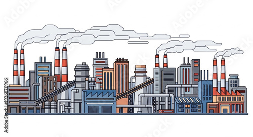 Industrial complex with smokestacks emitting pollution into the atmosphere, environmental concern.