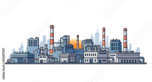 Industrial complex illustration depicting factories, chimneys, and urban infrastructure in a detailed drawing.