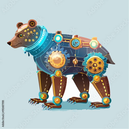 Detailed illustration of a robotic steampunk bear with intricate mechanical gears and armor