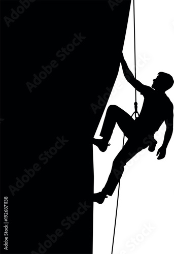 Silhouette of Rock Climber Ascending Cliff with Rope in Adventure Outdoor Scene