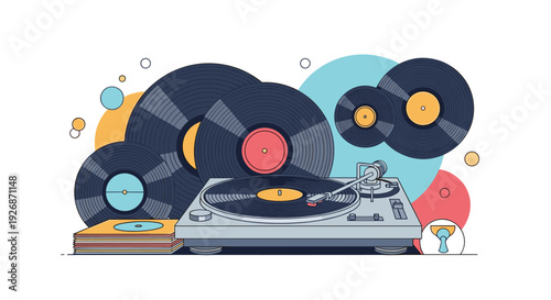 Retro vinyl record player surrounded by various classic music discs with colorful covers for a vintage audio atmosphere.