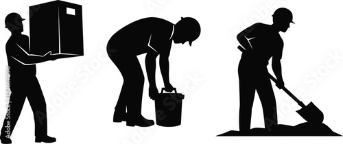 Silhouettes of construction workers performing various tasks