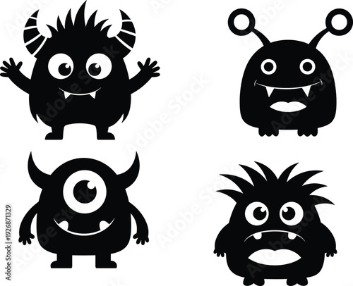 Cartoon black silhouette vector illustration of four funny monsters with horns, fangs, and quirky features, playful design for Halloween decoration artwork
