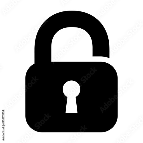 Unlocked padlock icon representing security breach or accessibility in a minimalist black silhouette style