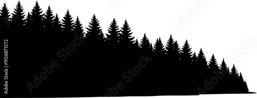 Black silhouette of pine tree forest on hillside isolated on white background