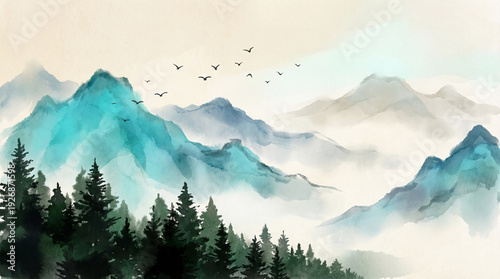 Serene misty mountain landscape with pine trees and flying birds rendered in a traditional Asian watercolor ink wash style perfect for nature-inspired designs