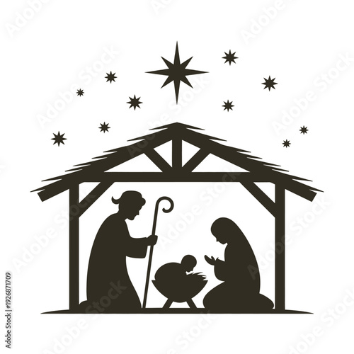 Nativity scene depicting the birth of jesus under a starry sky