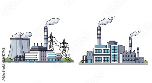 Two industrial power plants with smoke stacks emitting pollution into the atmosphere.