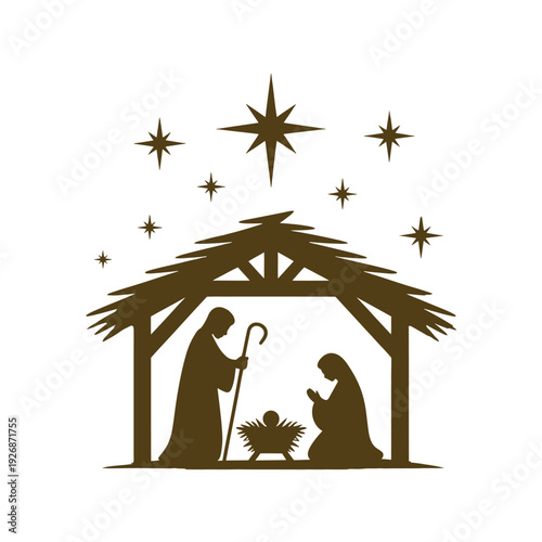 Silhouette of nativity scene with holy family and shining stars above