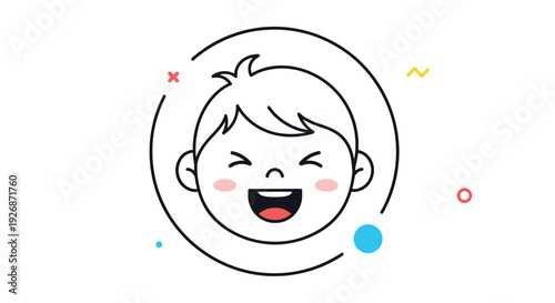Cheerful line art illustration of a laughing baby face enclosed in a circle and surrounded by vibrant abstract geometric shapes.