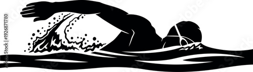 Silhouette of Swimmer Wearing Swim Cap and Goggles Performing Freestyle Stroke in Water