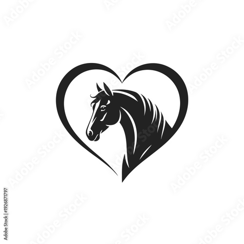 Elegant black horse head silhouette within a black heart shaped frame