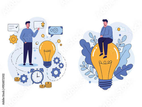 Cartoon men with lightbulbs and business ideas and innovation concepts  creative thinking and inspiration