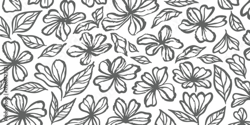 Hand drawn floral pattern background with sketchy charcoal flowers and leaves in a rustic vintage vector illustration style