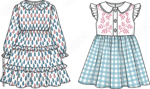 Children’s fashion vector illustration of two stylish dresses with ruffles, embroidery, gingham pattern, Peter Pan collar, playful design artwork concept
