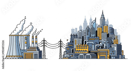 Power plant supplying electricity to a modern city, energy infrastructure concept.