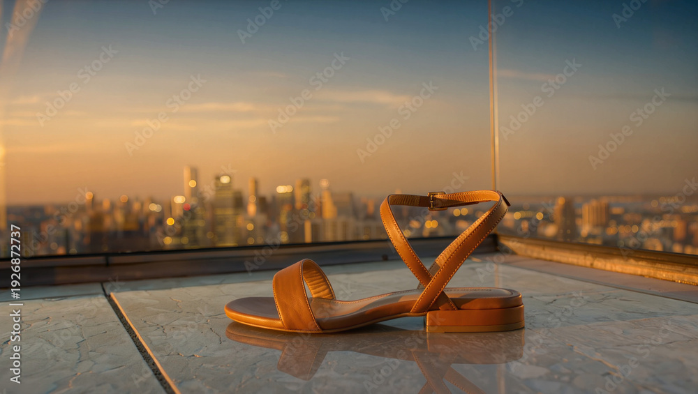 Fototapeta premium A light brown sandal rests on a reflective tiled surface overlooking a blurred cityscape at sunset The sky transitions from golden orange to blue