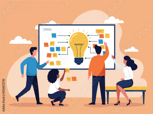Group of people planning a project on a whiteboard with a lightbulb and sticky notes on a peach background with clouds