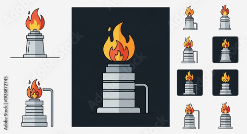 Burning flame on industrial structure, representing energy and combustion.