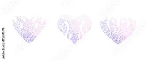 Holographic gradient stipple set with melting flame hearts and fire shapes. Iridescent dotwork texture with grainy noise effect for psychedelic prints, y2k merch, tattoo flash and digital art. Vector