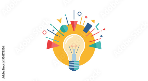 Vibrant lightbulb with colorful geometric shapes bursting around it