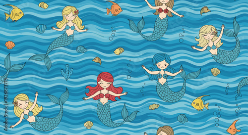 Charming seamless pattern featuring a variety of adorable mermaids and colorful fish swimming together in a deep blue ocean with waves.